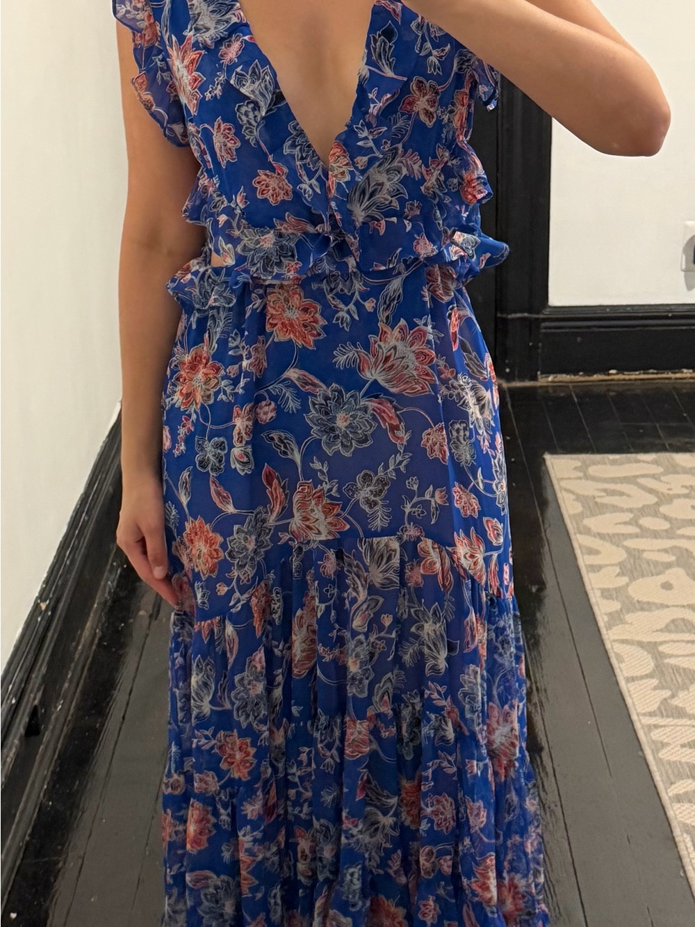 Misa Los Angeles Blue Floral Ruffle V-Neck Maxi Dress